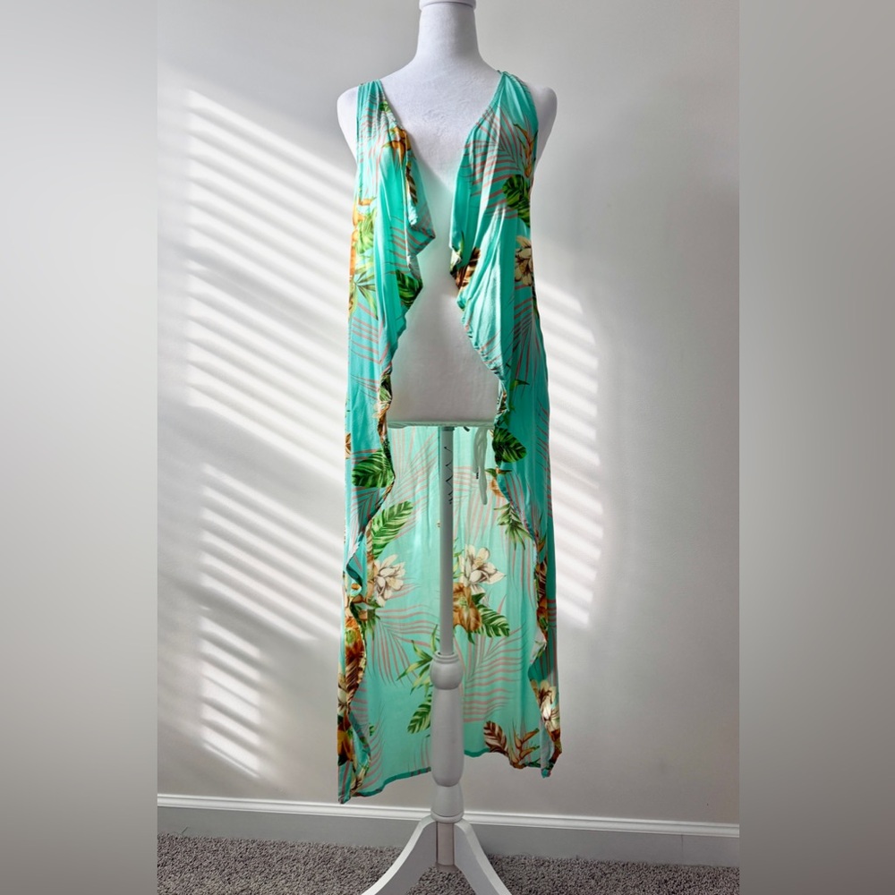 Preloved in Good Condition Tropical Aqua Floral Maxi Cover-Up